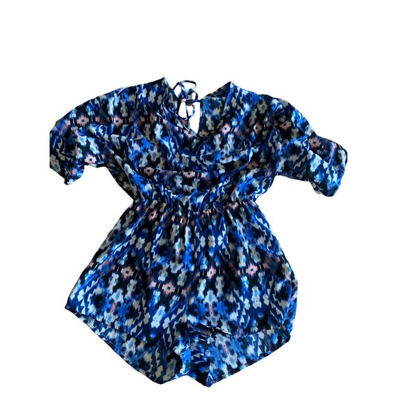 👗 2/$30 👗 Multicolor Watercolor Print Romper, Plunging Back, Tie Across Top M - Picture 1 of 5